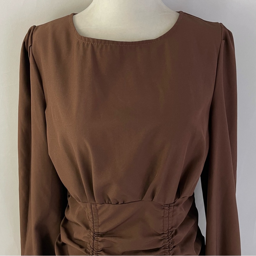 Pretty Little Thing Ruched Long Sleeve Bodycon Mini Dress Chocolate Brown Size 6 - Picture 6 of 16